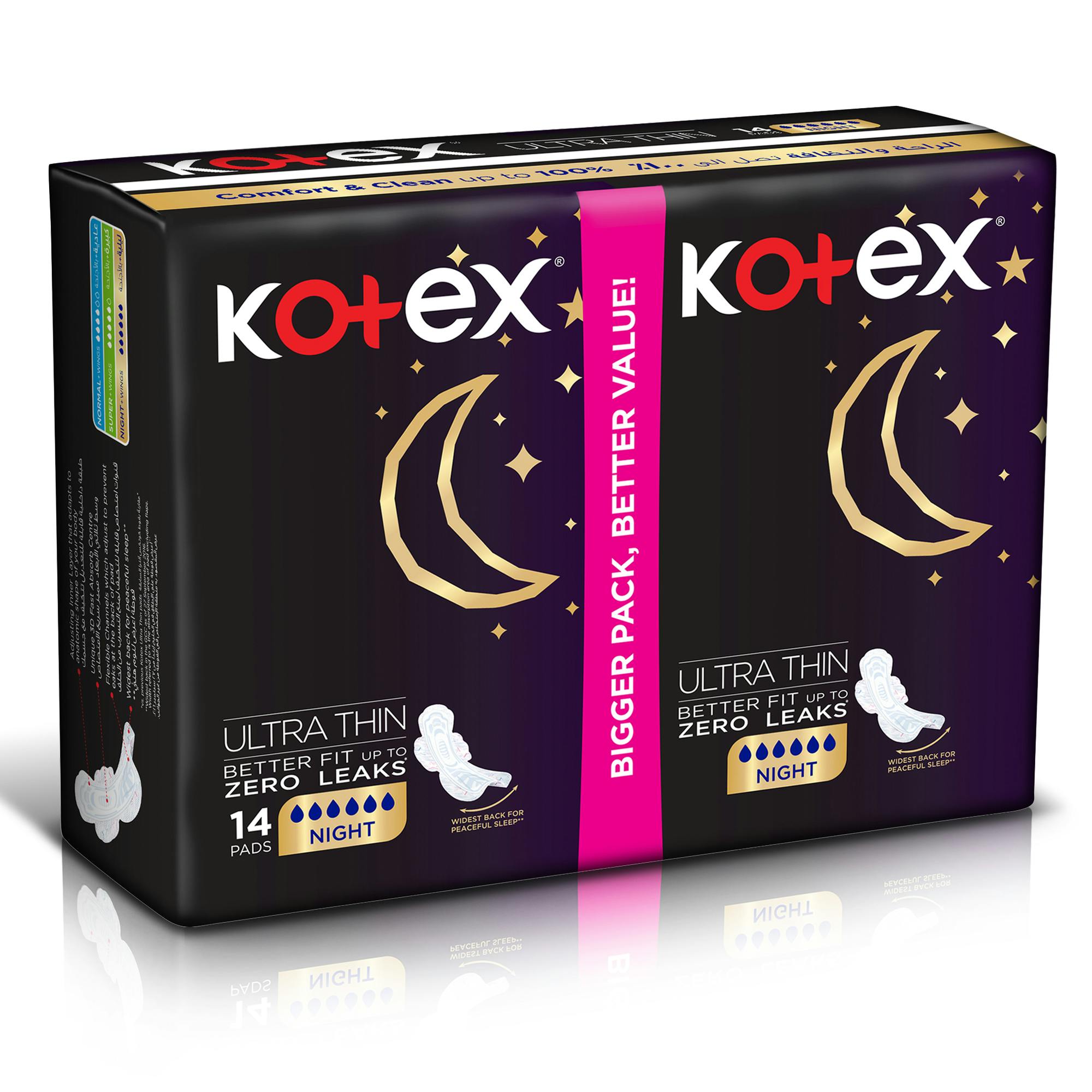Kotex Ultra Thin Pads, Overnight Protection Sanitary Pads with Wings, 14 Sanitary Pads