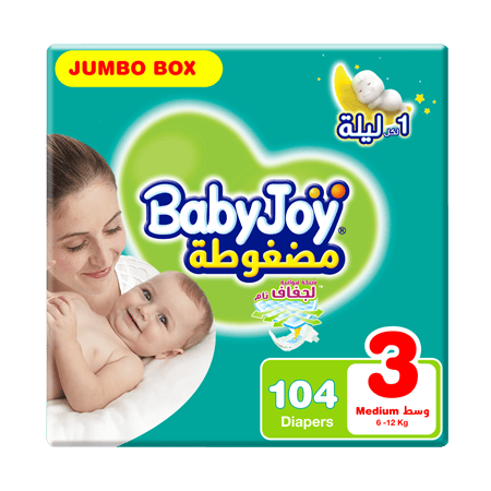 BabyJoy Compressed Diamond Pad Diaper, Size 3, Medium, 6-12 Kg, Jumbo Box, 104 Diapers