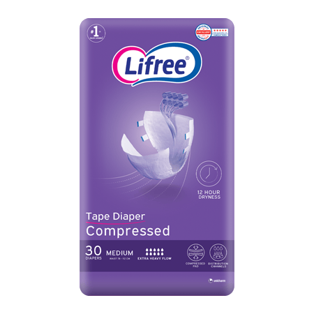 Lifree Compressed Adult Diaper Tape, Medium Size , 8 Cup Absorbency, Jumbo Pack, 30 Pieces