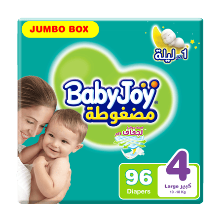 BabyJoy Compressed Diamond Pad Diaper, Size 4, Large, 10-18 Kg, Jumbo Box, 96 Diapers