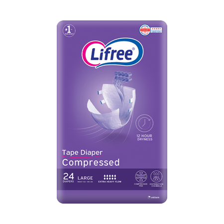 Lifree Compressed Adult Diaper Tape, Large Size , 8 Cup Absorbency, Jumbo Pack, 24 Pieces
