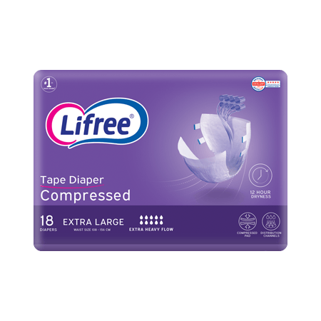 Lifree Compressed Adult Diaper Tape, XL Size , 8 Cup Absorbency, Jumbo Pack, 18 Pieces