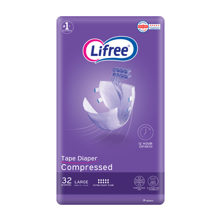 Lifree Compressed Adult Diaper Tape, Large Size , 8 Cup Absorbency, Mega Pack, 32 Pieces