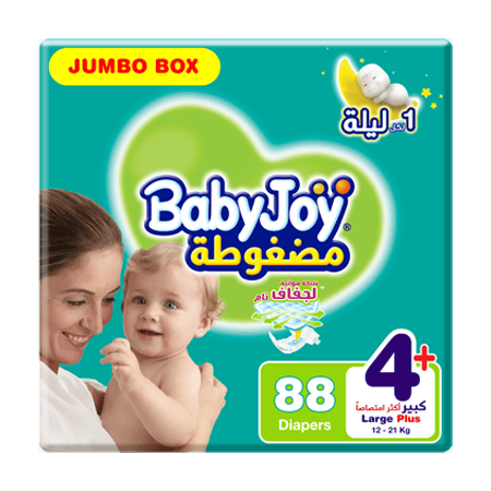 BabyJoy Compressed Diamond Pad Diaper, Size 4+, Large Plus, 12-21 Kg, Jumbo Box, 88 Diapers