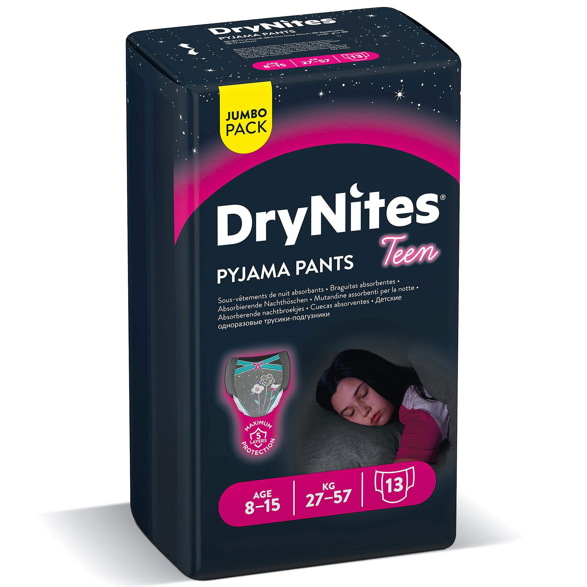 Huggies DryNites Pyjama Pants, 8-15 years, Bed Wetting Diaper, Girls, 27-57 kg, Value Pack, 13 Pants