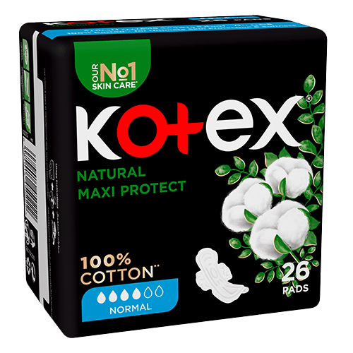 Kotex Natural Maxi Protect Thick Pads 100% Cotton Pad Normal Size with Wings 26 Pads