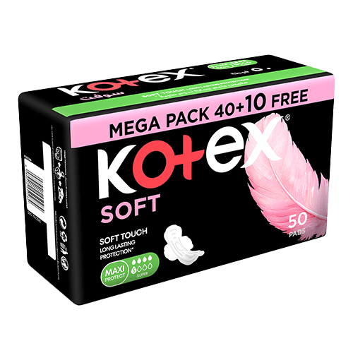 Kotex Soft Touch Sanitary Pads for Medium to Heavy Flow Days 50 Pads