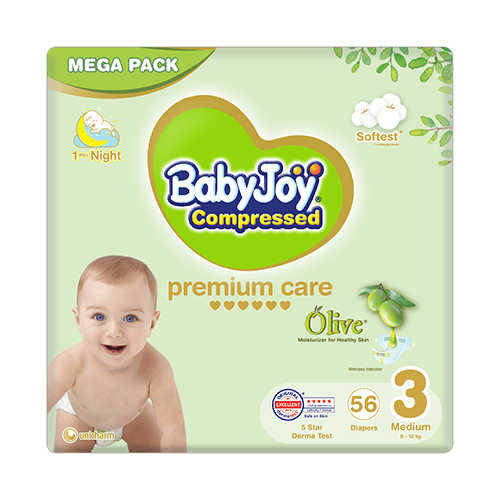 Babyjoy Olive Tape Diaper, Size 3 Medium, Mega Pack, 6 - 12 Kg, Count 56