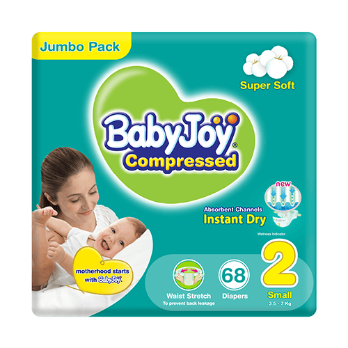 Babyjoy Compressed  Diaper, Size 2 Small, Jumbo Pack, 3.5 - 7 Kg, Count 68