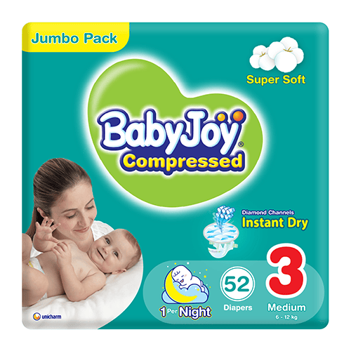 Babyjoy Compressed  Diaper, Size 3 Medium, Jumbo Pack, 6 - 12 Kg, Count 52