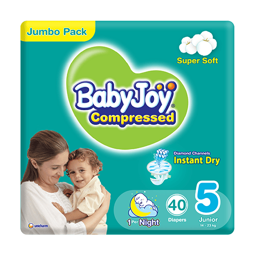 Babyjoy Compressed Diamond Pad, Size 5, Junior, 14-25 Kg, Jumbo Pack, 40 Diapers