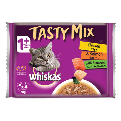 Whiskas Tasty Mix Chicken & Salmon with Seaweed Wet Cat Food 70 gm Pouches Pack of 4