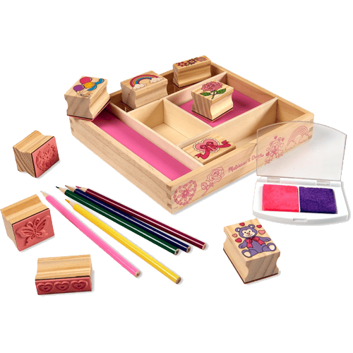 Melissa & Doug Wooden Stamp Set Friendship 9 Stamps, 5 Colored Pencils, and 2-Color Stamp Pad