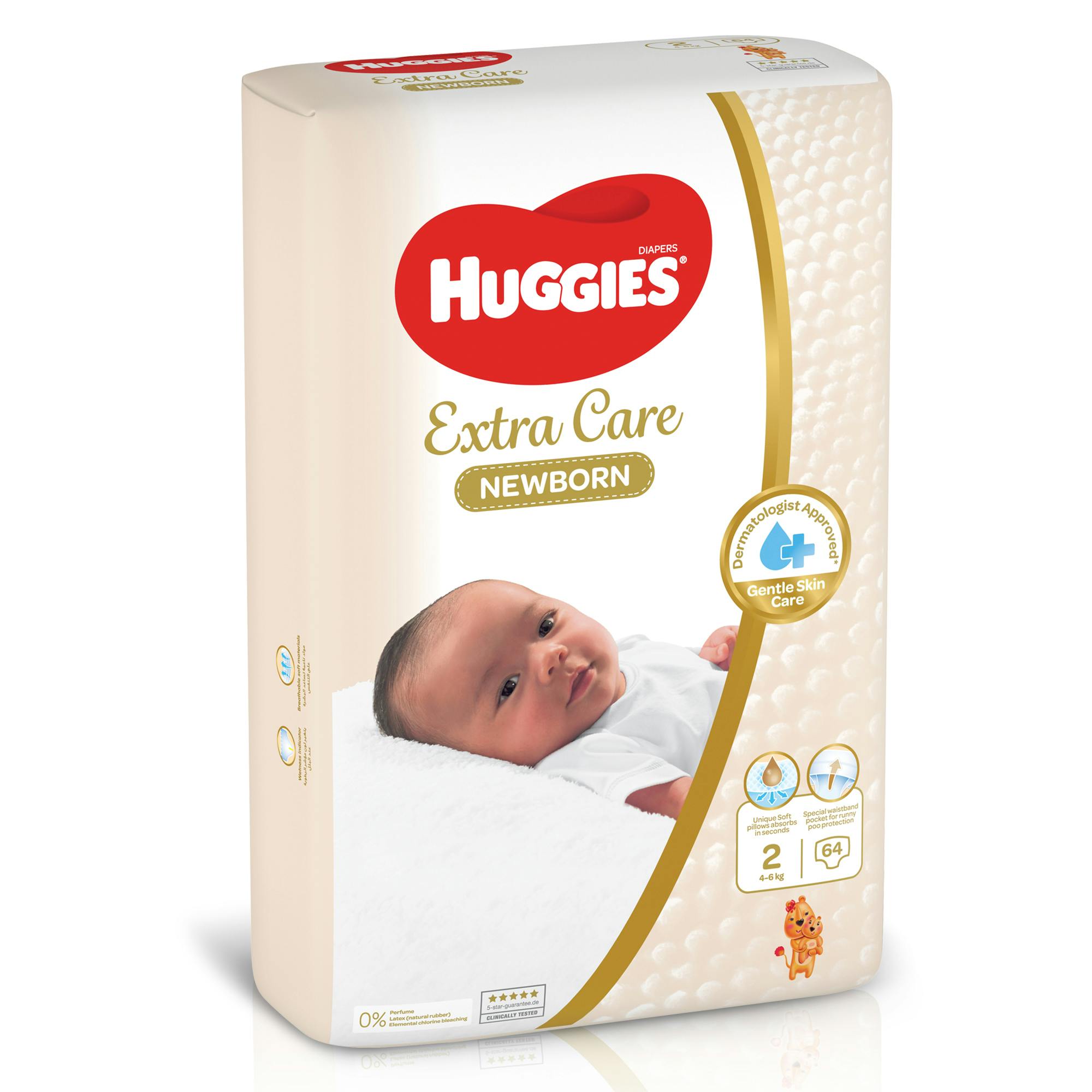 Huggies Extra Care Newborn, Size 2, 4 - 6 kg, Jumbo Pack, 64 Diapers